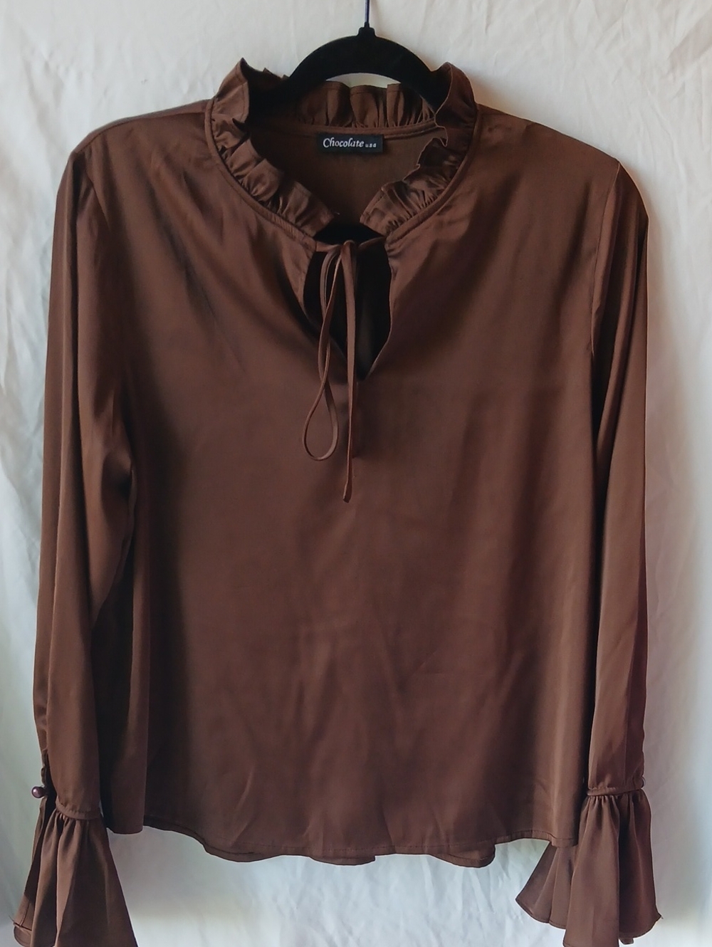 Chocolate Brown Ruffle Tie-Neck Blouse - Chocolate